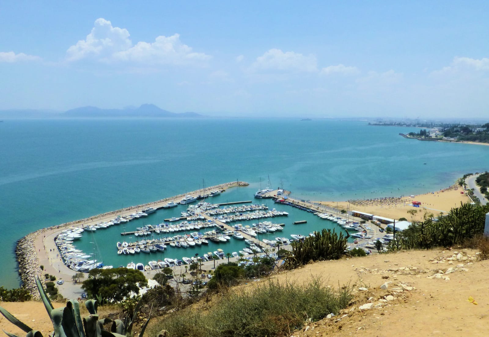 Aerial view of the Sidi Bou Said marina and turquoise bay